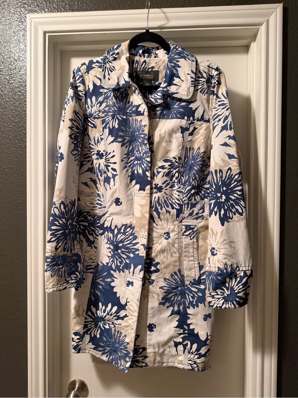 Eddie Bauer Blue & Cream Floral Trench Coat - Picture 1 of 5